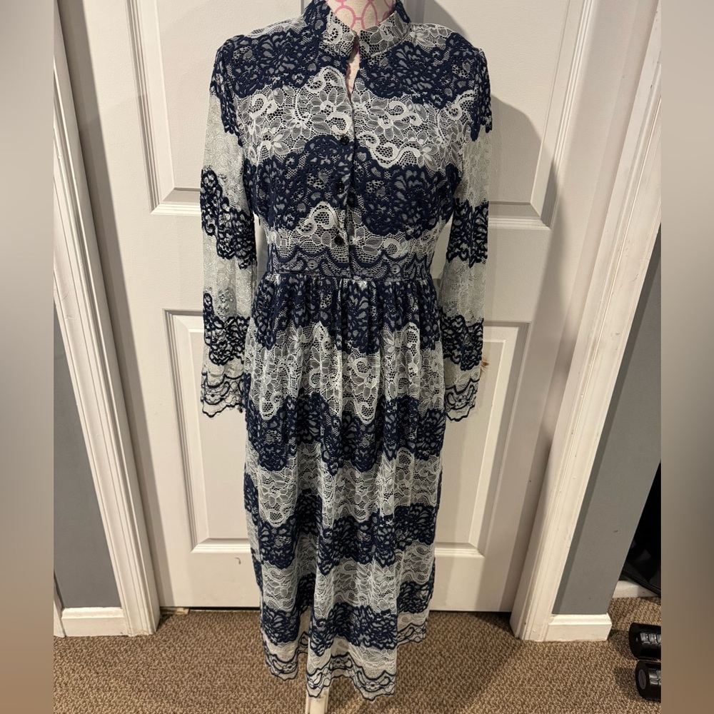 Elegant Lace Dress in Navy and White